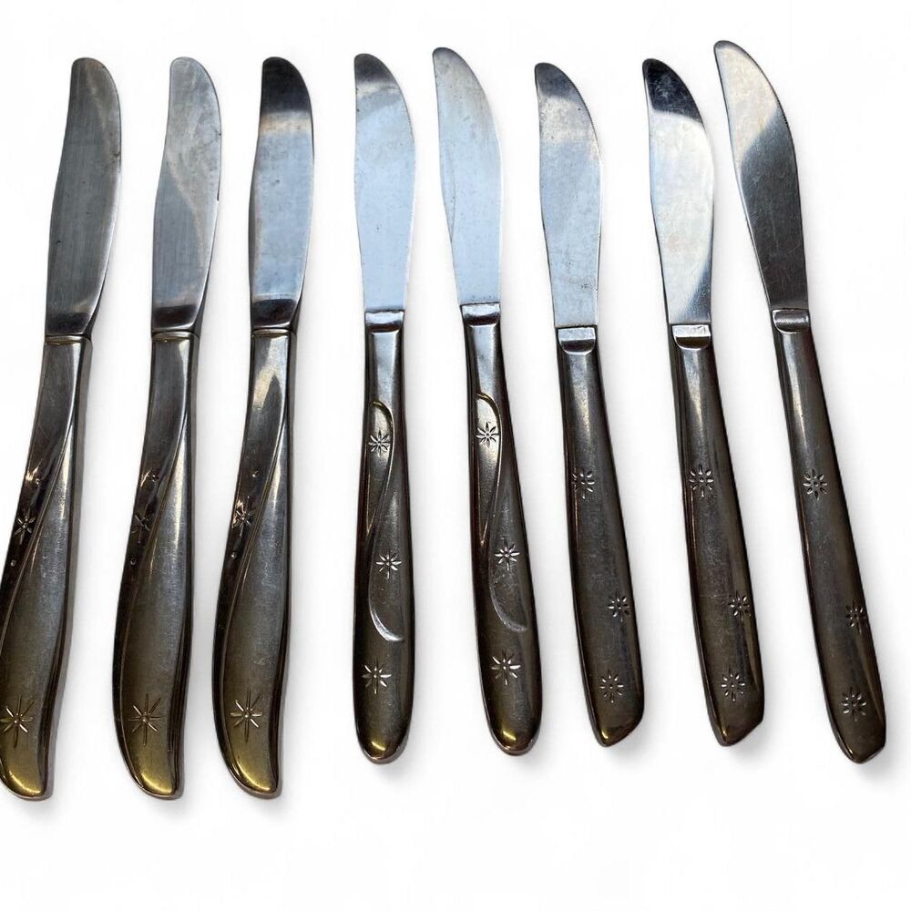 Vintage MCM Midcentury Modern Whimsigoth Set of 8 Silver Knifes Boho Star Motifs